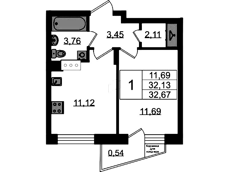 1-комнатная квартира 32.67 м², 9/11 эт., ЖК «VEREN NORT Сертолово»
